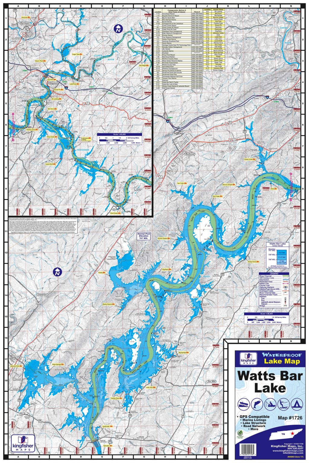 Watts Bar Lake Waterproof Map 1726 Kingfisher Maps, Inc.