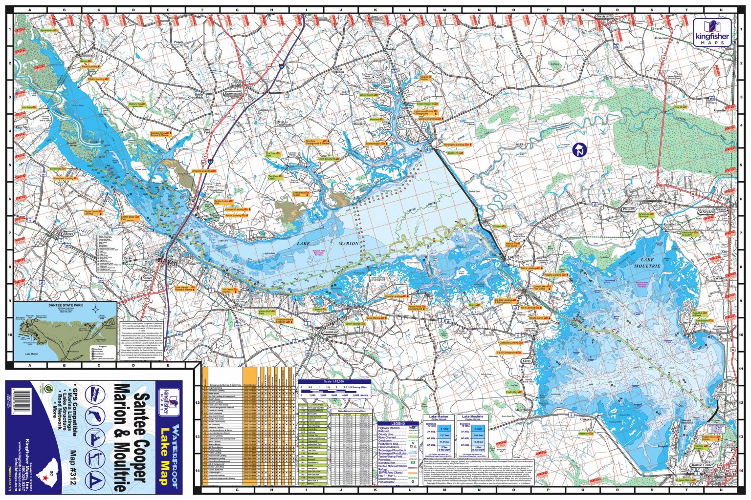 Santee Cooper Lakes Marion & Moultrie Waterproof Map 312 Kingfisher