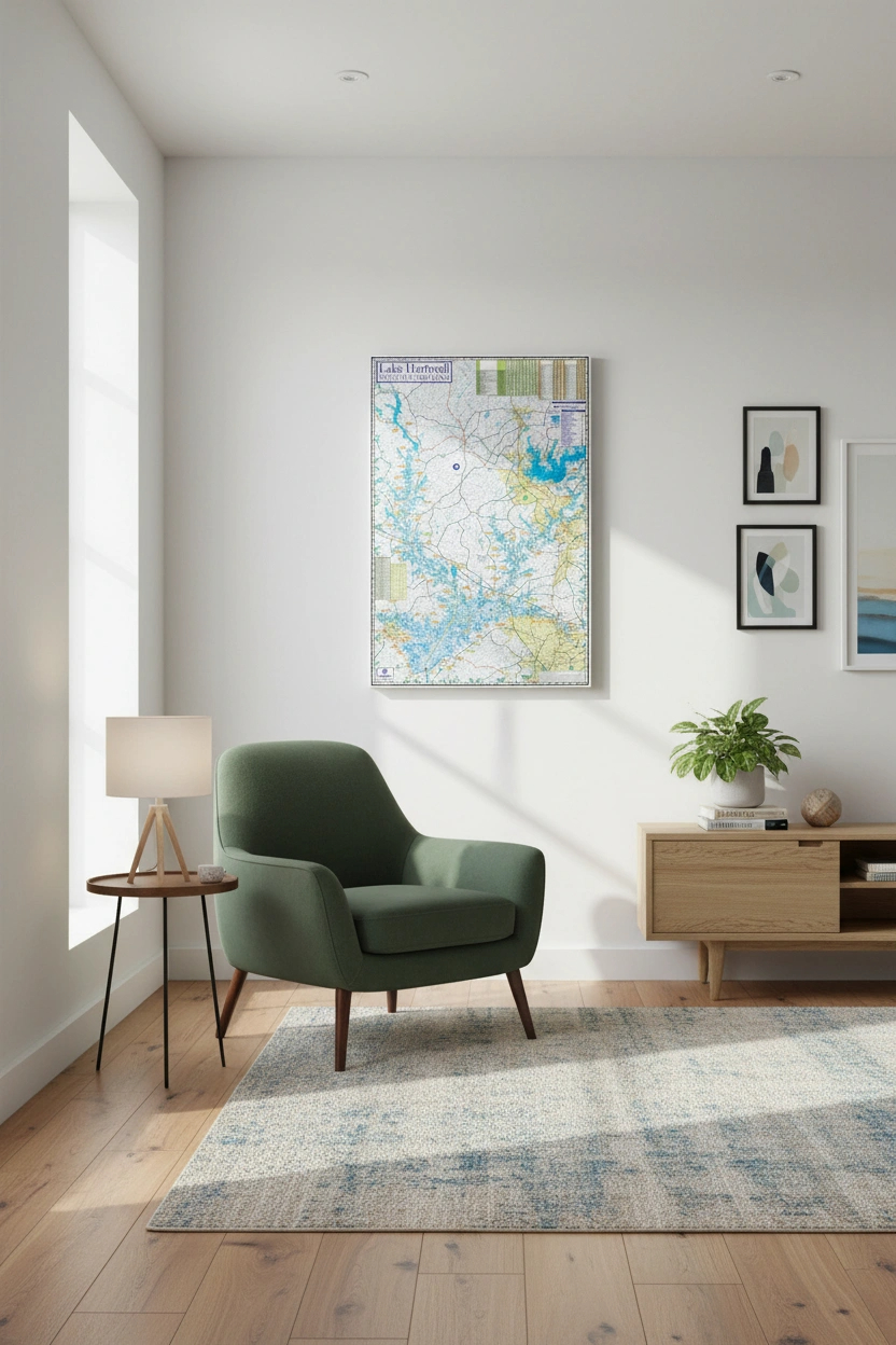 Lake Hartwell Map on Canvas in a room with a chair by a window