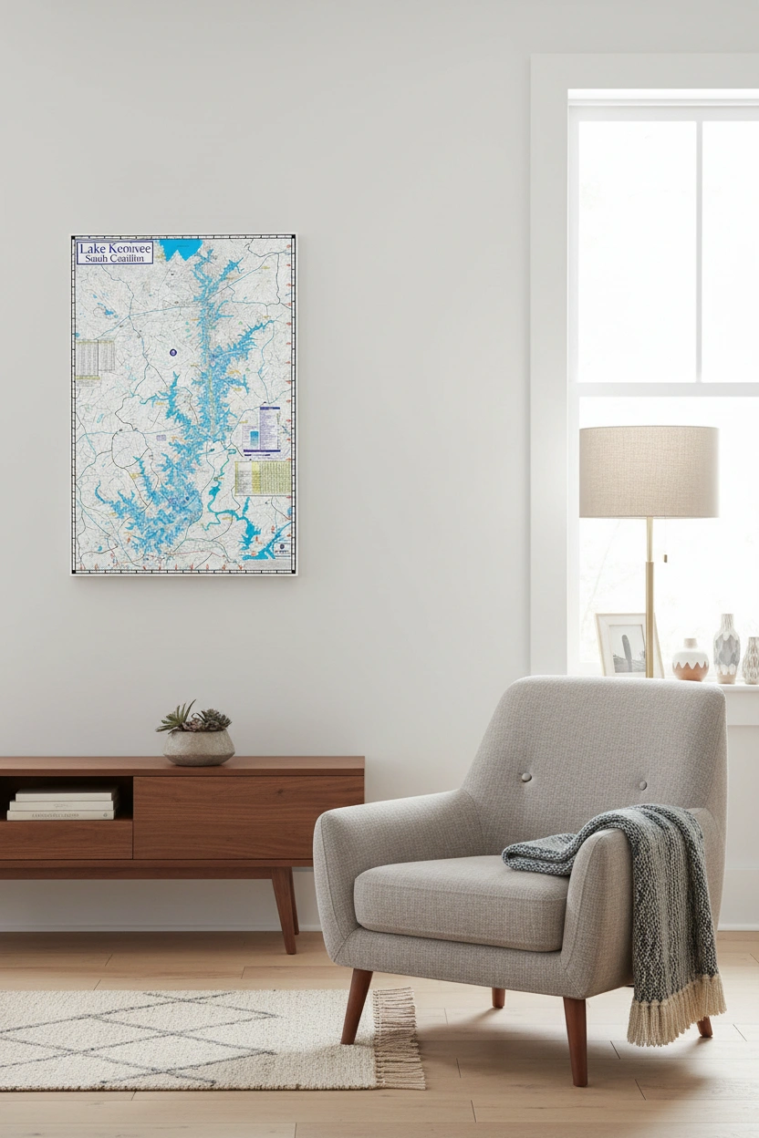 Lake Keowee Map on Canvas in a room with a chair