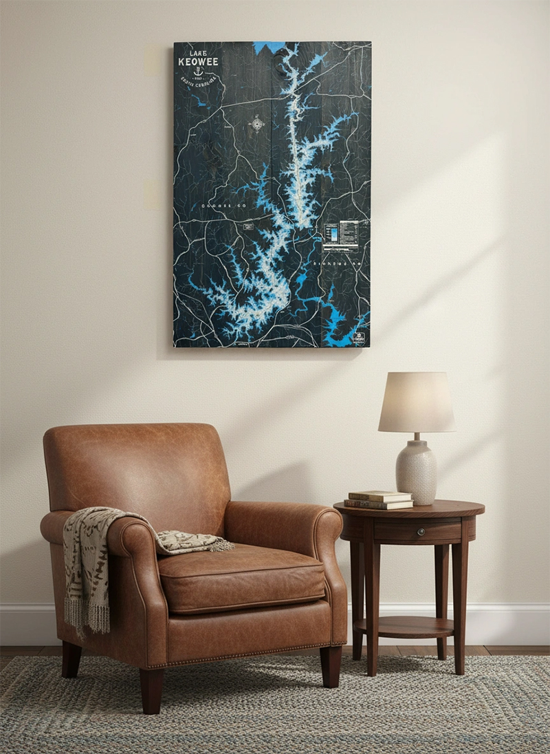Gray Stain Wood Lake Keowee Map displayed in a room
